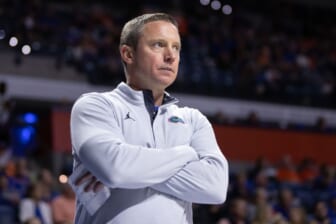 Dec 6, 2021; Gainesville, Florida, USA; Florida Gators head coach Mike White looks on during the first half against the Texas Southern Tigers at Billy Donovan Court at Exactech Arena. Mandatory Credit: Matt Pendleton-USA TODAY Sports