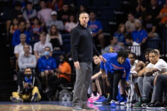 Dec 8, 2021; Gainesville, Florida, USA; Florida Gators head coach Mike White looks on during the first half against the North Florida Ospreys at Billy Donovan Court at Exactech Arena. Mandatory Credit: Matt Pendleton-USA TODAY Sports