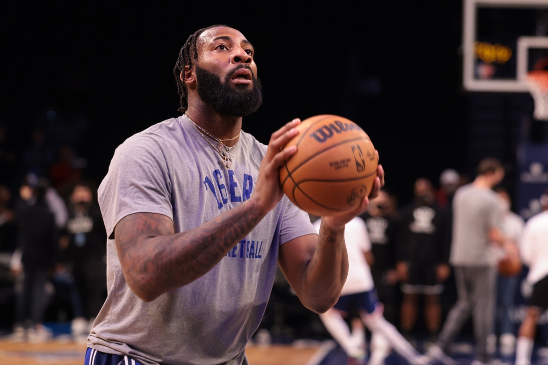 Dec 16, 2021; Brooklyn, New York, USA;  Philadelphia 76ers center Andre Drummond (1) shoots the ball during warm-ups against the Brooklyn Nets at Barclays Center. Mandatory Credit: Vincent Carchietta-USA TODAY Sports