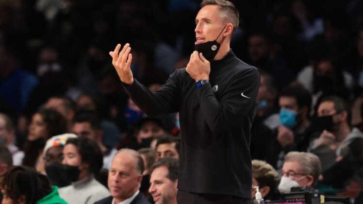 Dec 16, 2021; Brooklyn, New York, USA; Brooklyn Nets head coach Steve Nash directs his team during the first half against the Philadelphia 76ers at Barclays Center. Mandatory Credit: Vincent Carchietta-USA TODAY Sports