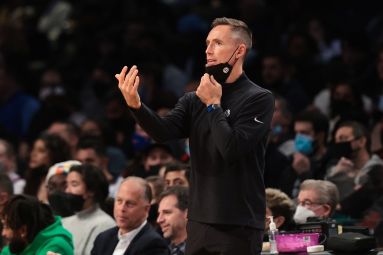 Dec 16, 2021; Brooklyn, New York, USA; Brooklyn Nets head coach Steve Nash directs his team during the first half against the Philadelphia 76ers at Barclays Center. Mandatory Credit: Vincent Carchietta-USA TODAY Sports