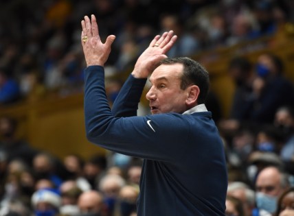 Dec 16, 2021; Durham, North Carolina, USA; Duke Blue Devils head coach Mike Krzyzewski reacts to a call during the second half against the Appalachian State Mountaineers at Cameron Indoor Stadium. Mandatory Credit: Rob Kinnan-USA TODAY Sports