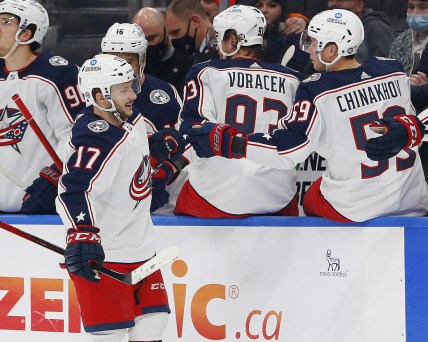 Dec 16, 2021; Edmonton, Alberta, CAN; Columbus Blue Jackets forward Justin Danforth (17) celebrates a third period goal against the Edmonton Oilers at Rogers Place. Mandatory Credit: Perry Nelson-USA TODAY Sports
