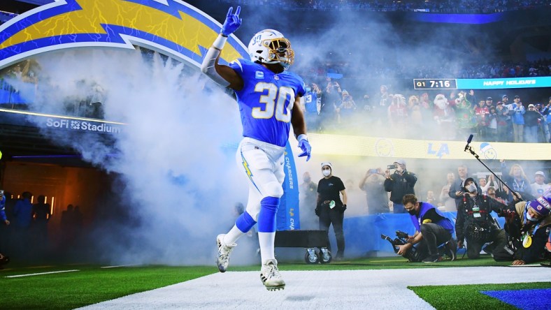 Dec 16, 2021; Inglewood, California, USA; Los Angeles Chargers running back Austin Ekeler (30) is introduced before playing against the Kansas City Chiefs at SoFi Stadium. Mandatory Credit: Gary A. Vasquez-USA TODAY Sports