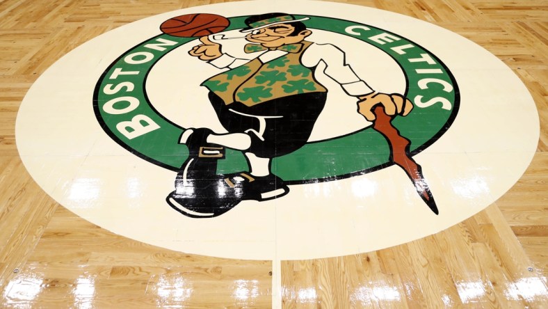 Dec 17, 2021; Boston, Massachusetts, USA; The Boston Celtics logo is seen before their game against the Golden State Warriors at TD Garden. Mandatory Credit: Winslow Townson-USA TODAY Sports