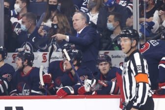 Dec 17, 2021; Winnipeg, Manitoba, CAN; Winnipeg Jets Interim head coach Dave Lowry gestures in the first period against the Washington Capitals at Canada Life Centre. Mandatory Credit: James Carey Lauder-USA TODAY Sports