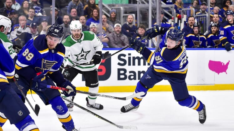 Dec 17, 2021; St. Louis, Missouri, USA;  St. Louis Blues right wing Vladimir Tarasenko (91) shoots and scores against the Dallas Stars during the second period at Enterprise Center. Mandatory Credit: Jeff Curry-USA TODAY Sports