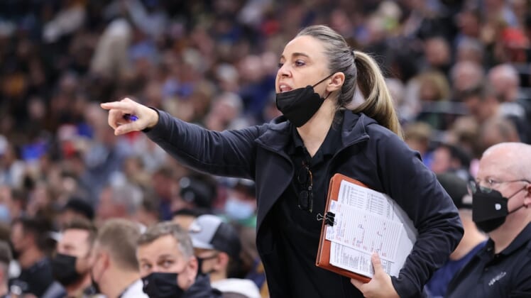 Dec 17, 2021; Salt Lake City, Utah, USA; San Antonio Spurs assistant coach Becky Hammon gives instructions during the second quarter against the Utah Jazz at Vivint Arena. Mandatory Credit: Rob Gray-USA TODAY Sports