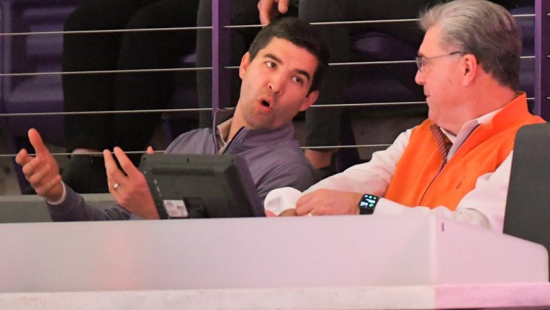 Clemson acting athletic director Graham Neff and Dan Radakovich during the first half at Littlejohn Coliseum Saturday, Dec 18, 2021.

Clemson Vs South Carolina Mbb