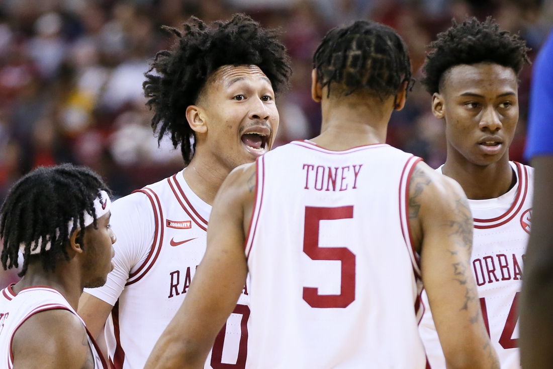 Dec 18, 2021; North Little Rock, Arkansas, USA; Arkansas Razorbacks forward Jaylin Williams (10) talks to his team during the first half against the Hofstra Pride at Simmons Bank Arena. Mandatory Credit: Nelson Chenault-USA TODAY Sports