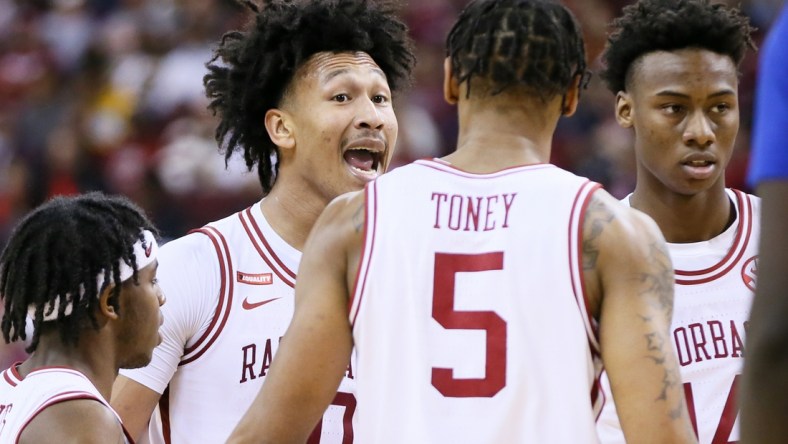 Dec 18, 2021; North Little Rock, Arkansas, USA; Arkansas Razorbacks forward Jaylin Williams (10) talks to his team during the first half against the Hofstra Pride at Simmons Bank Arena. Mandatory Credit: Nelson Chenault-USA TODAY Sports