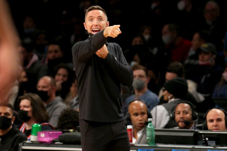 Dec 18, 2021; Brooklyn, New York, USA; Brooklyn Nets head coach Steve Nash coaches against the Orlando Magic during the fourth quarter at Barclays Center. Mandatory Credit: Brad Penner-USA TODAY Sports