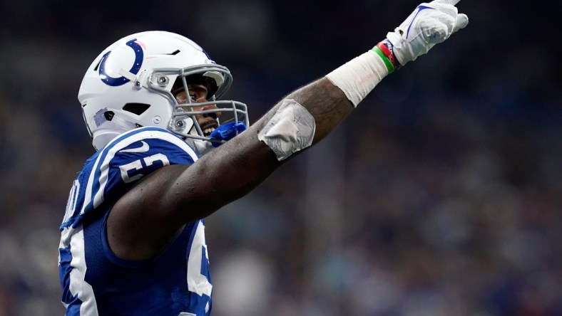 Indianapolis Colts outside linebacker Darius Leonard (53) celebrates after making an interception Saturday, Dec. 18, 2021, during a game against the New England Patriots at Lucas Oil Stadium in Indianapolis.