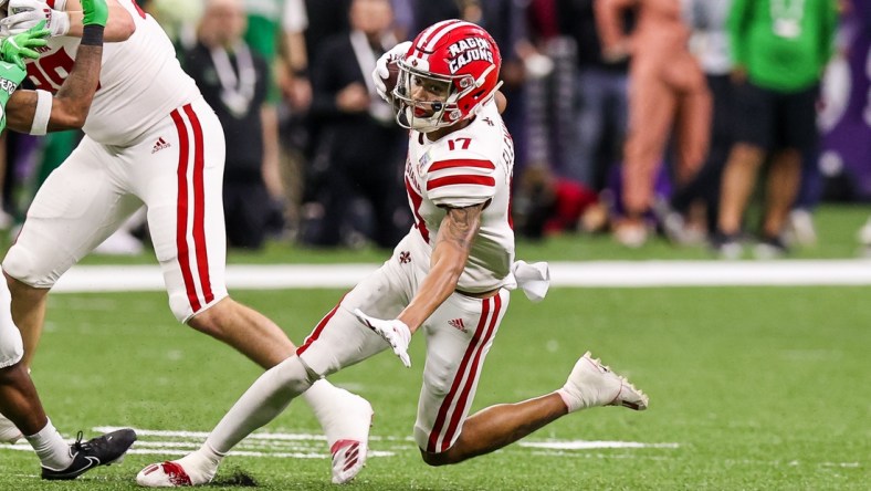 Dec 18, 2021; New Orleans, LA, USA;  Louisiana-Lafayette Ragin Cajuns wide receiver Dontae Fleming (17) slips on a pass against Marshall Thundering Herd during the first half of the 2021 New Orleans Bowl at Caesars Superdome. Mandatory Credit: Stephen Lew-USA TODAY Sports