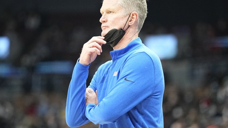 Dec 18, 2021; Toronto, Ontario, CAN; Golden State Warriors head coach Steve Kerr looks on during a game against the Toronto Raptors at Scotiabank Arena. Mandatory Credit: John E. Sokolowski-USA TODAY Sports