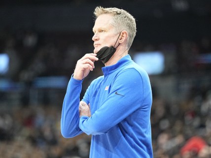 Dec 18, 2021; Toronto, Ontario, CAN; Golden State Warriors head coach Steve Kerr looks on during a game against the Toronto Raptors at Scotiabank Arena. Mandatory Credit: John E. Sokolowski-USA TODAY Sports