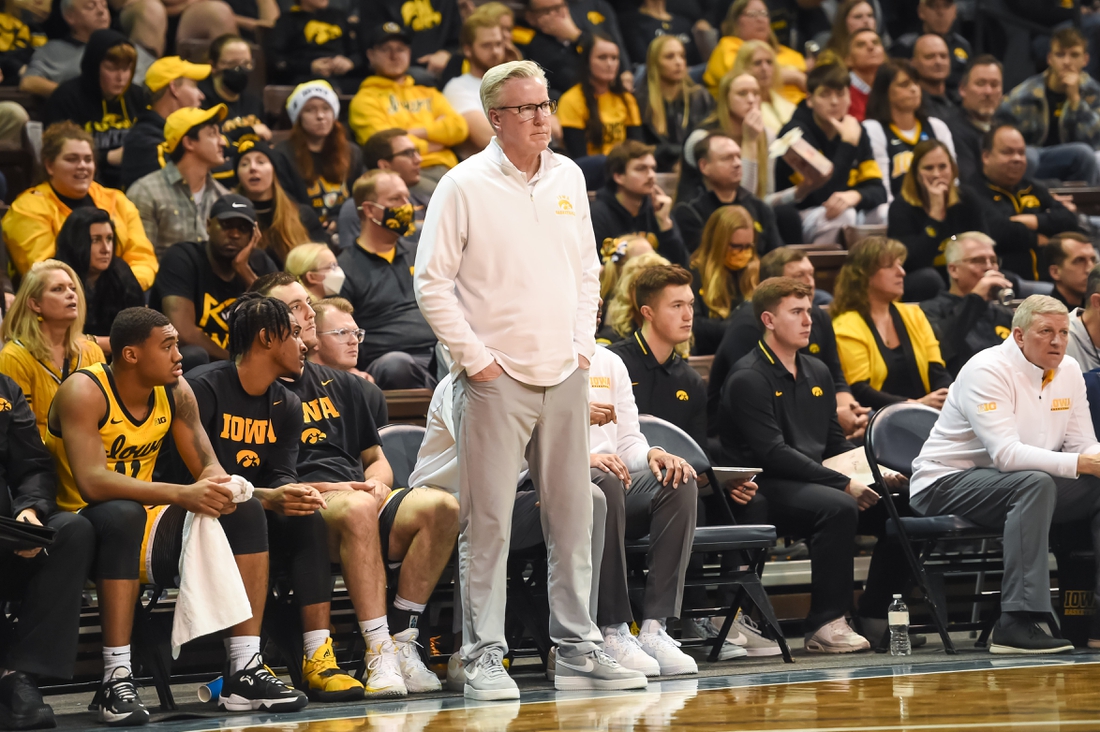 Dec 18, 2021; Sioux Falls, South Dakota, USA;  Iowa Hawkeyes head coach Fran McCaffery watches action against the Utah State Aggies in the second half at Sanford Pentagon. Mandatory Credit: Steven Branscombe-USA TODAY Sports