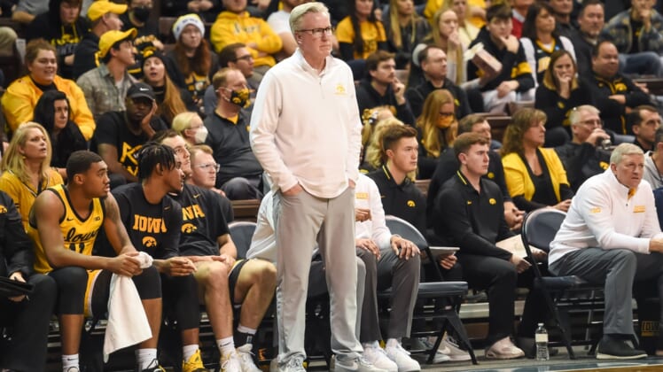 Dec 18, 2021; Sioux Falls, South Dakota, USA;  Iowa Hawkeyes head coach Fran McCaffery watches action against the Utah State Aggies in the second half at Sanford Pentagon. Mandatory Credit: Steven Branscombe-USA TODAY Sports