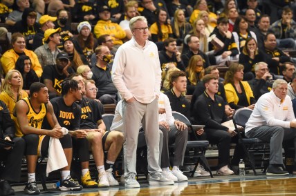 Dec 18, 2021; Sioux Falls, South Dakota, USA;  Iowa Hawkeyes head coach Fran McCaffery watches action against the Utah State Aggies in the second half at Sanford Pentagon. Mandatory Credit: Steven Branscombe-USA TODAY Sports