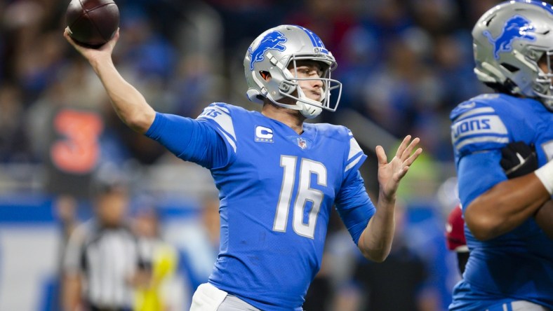 Dec 19, 2021; Detroit, Michigan, USA; Detroit Lions quarterback Jared Goff (16) passes the ball during the first quarter against the Arizona Cardinals at Ford Field. Mandatory Credit: Raj Mehta-USA TODAY Sports