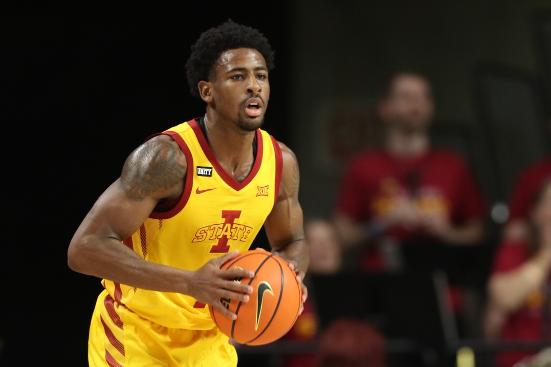 Dec 19, 2021; Ames, Iowa, USA; Iowa State Cyclones guard Izaiah Brockington (1) controls the ball against the Southeastern Louisiana Lions at James H. Hilton Coliseum. Mandatory Credit: Reese Strickland-USA TODAY Sports