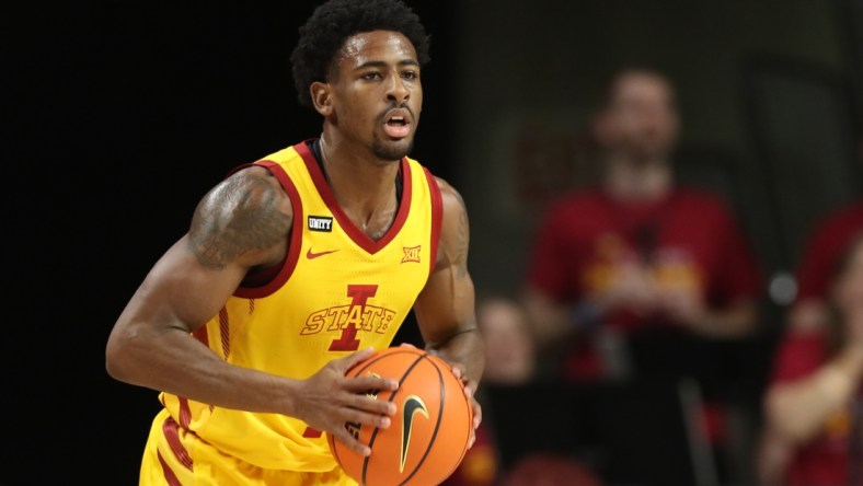 Dec 19, 2021; Ames, Iowa, USA; Iowa State Cyclones guard Izaiah Brockington (1) controls the ball against the Southeastern Louisiana Lions at James H. Hilton Coliseum. Mandatory Credit: Reese Strickland-USA TODAY Sports