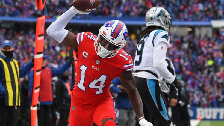 Dec 19, 2021; Orchard Park, New York, USA; Buffalo Bills wide receiver Stefon Diggs (14) celebrates his touchdown catch against the Carolina Panthers during the first half at Highmark Stadium. Mandatory Credit: Rich Barnes-USA TODAY Sports