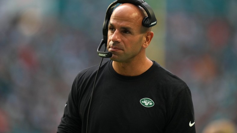 Dec 19, 2021; Miami Gardens, Florida, USA; New York Jets head coach Robert Saleh walks on the sideline during the second half against the Miami Dolphins at Hard Rock Stadium. Mandatory Credit: Jasen Vinlove-USA TODAY Sports