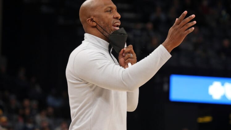 Dec 19, 2021; Memphis, Tennessee, USA; Portland Trail Blazers head coach Chauncey Billups reacts during the first half against the Memphis Grizzles at FedExForum. Mandatory Credit: Petre Thomas-USA TODAY Sports