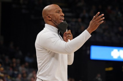 Dec 19, 2021; Memphis, Tennessee, USA; Portland Trail Blazers head coach Chauncey Billups reacts during the first half against the Memphis Grizzles at FedExForum. Mandatory Credit: Petre Thomas-USA TODAY Sports