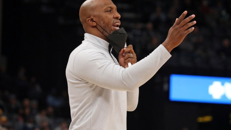 Dec 19, 2021; Memphis, Tennessee, USA; Portland Trail Blazers head coach Chauncey Billups reacts during the first half against the Memphis Grizzles at FedExForum. Mandatory Credit: Petre Thomas-USA TODAY Sports