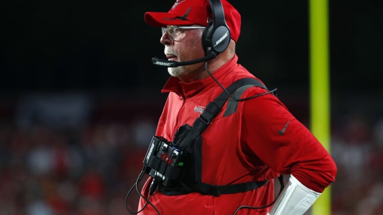 Dec 19, 2021; Tampa, Florida, USA; Tampa Bay Buccaneers head coach Bruce Arians looks on against the New Orleans Saints during the first half at Raymond James Stadium. Mandatory Credit: Kim Klement-USA TODAY Sports