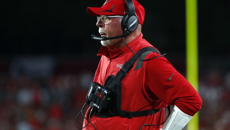 Dec 19, 2021; Tampa, Florida, USA; Tampa Bay Buccaneers head coach Bruce Arians looks on against the New Orleans Saints during the first half at Raymond James Stadium. Mandatory Credit: Kim Klement-USA TODAY Sports