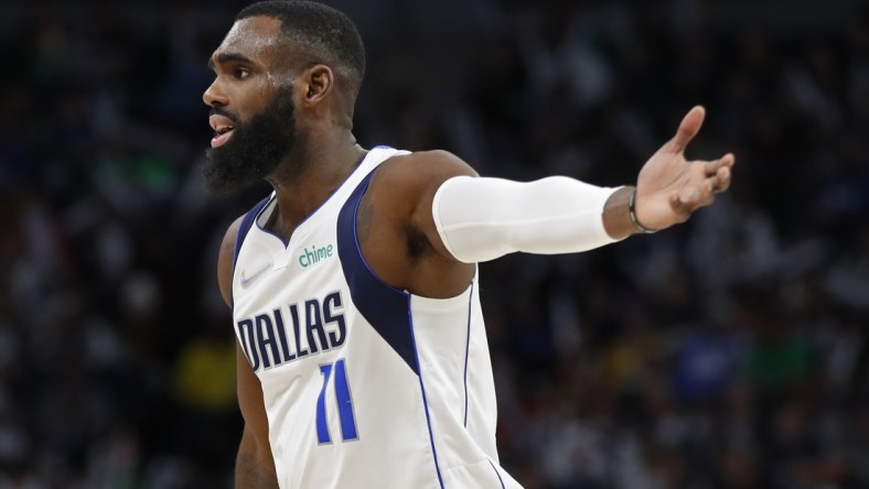 Dec 19, 2021; Minneapolis, Minnesota, USA; Dallas Mavericks guard Tim Hardaway Jr. (11) questions a referee about a call with the Minnesota Timberwolves in the third quarter at Target Center. Mandatory Credit: Bruce Kluckhohn-USA TODAY Sports