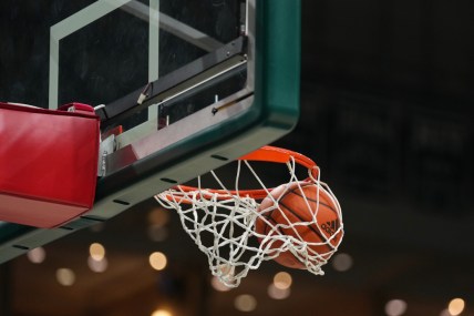 Dec 20, 2021; Coral Gables, Florida, USA; A general view as a basketball goes through the hoop as the Stetson Hatters warm up prior to the game against the Miami Hurricanes at Watsco Center. Mandatory Credit: Jasen Vinlove-USA TODAY Sports