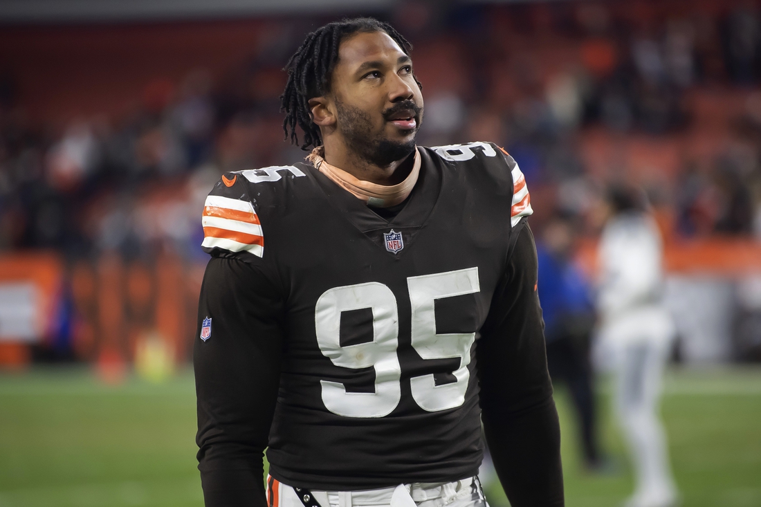 Dec 20, 2021; Cleveland, Ohio, USA; Cleveland Browns defensive end Myles Garrett (95) walks off the field after the Browns lost to the Las Vegas Raiders at FirstEnergy Stadium. Mandatory Credit: Ken Blaze-USA TODAY Sports