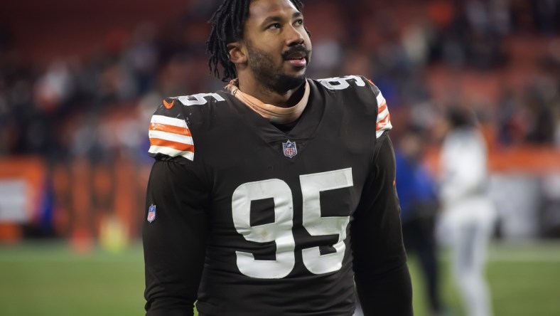 Dec 20, 2021; Cleveland, Ohio, USA; Cleveland Browns defensive end Myles Garrett (95) walks off the field after the Browns lost to the Las Vegas Raiders at FirstEnergy Stadium. Mandatory Credit: Ken Blaze-USA TODAY Sports