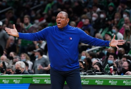 Dec 20, 2021; Boston, Massachusetts, USA; Philadelphia 76ers head coach Doc Rivers watches from the sideline as they take on the Boston Celtics in the second half at TD Garden. Mandatory Credit: David Butler II-USA TODAY Sports