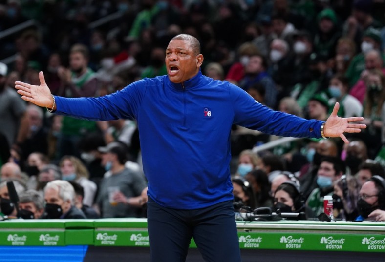 Dec 20, 2021; Boston, Massachusetts, USA; Philadelphia 76ers head coach Doc Rivers watches from the sideline as they take on the Boston Celtics in the second half at TD Garden. Mandatory Credit: David Butler II-USA TODAY Sports