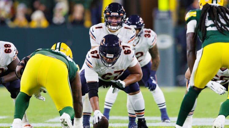 Dec 12, 2021; Green Bay, Wisconsin, USA;  Chicago Bears quarterback Justin Fields (1) during the game against the Green Bay Packers at Lambeau Field. Mandatory Credit: Jeff Hanisch-USA TODAY Sports