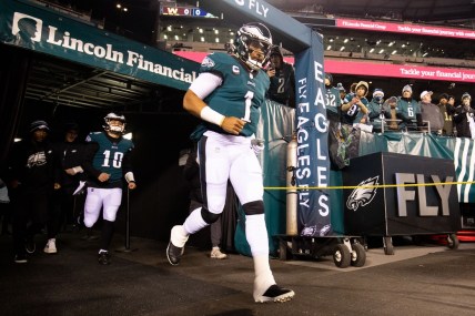 Dec 21, 2021; Philadelphia, Pennsylvania, USA; Philadelphia Eagles quarterbacks Jalen Hurts (1) and Gardner Minshew (10) run out of the tunnel for warmups before the game against the Washington Football Team at Lincoln Financial Field. Mandatory Credit: Bill Streicher-USA TODAY Sports