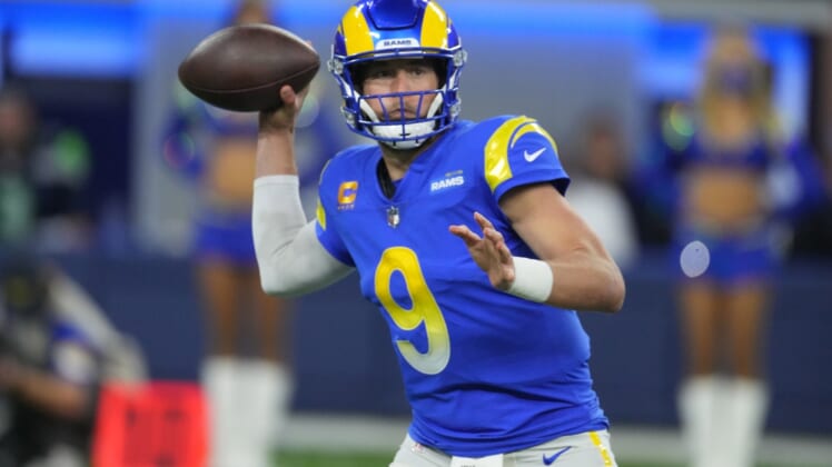 Dec 21, 2021; Inglewood, California, USA; Los Angeles Rams quarterback Matthew Stafford (9) throws the ball against the Seattle Seahawks in the second half at SoFi Stadium. The Rams defeated the Seahawks 20-10. Mandatory Credit: Kirby Lee-USA TODAY Sports