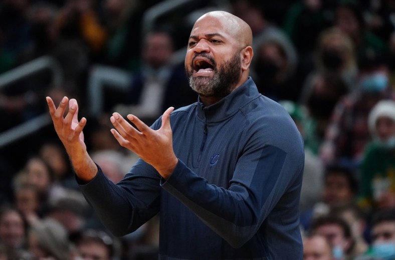 Dec 22, 2021; Boston, Massachusetts, USA; Cleveland Cavaliers head coach John-Blair Bickerstaff reacts from the sideline as they take on the Boston Celtics in the second half at TD Garden. Mandatory Credit: David Butler II-USA TODAY Sports