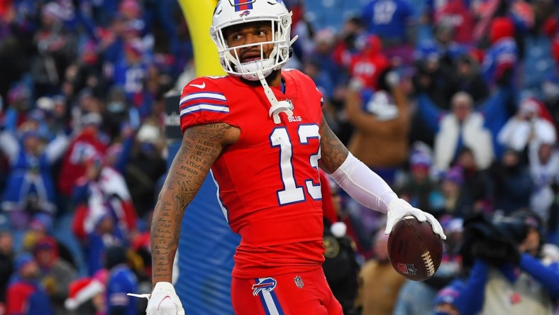 Dec 19, 2021; Orchard Park, New York, USA; Buffalo Bills wide receiver Gabriel Davis (13) reacts to his touchdown against the Carolina Panthers during the second half at Highmark Stadium. Mandatory Credit: Rich Barnes-USA TODAY Sports