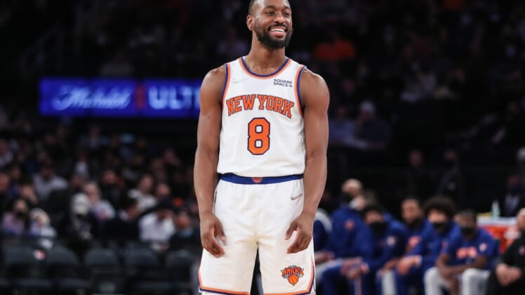 Dec 21, 2021; New York, New York, USA;  New York Knicks guard Kemba Walker (8) at Madison Square Garden. Mandatory Credit: Wendell Cruz-USA TODAY Sports