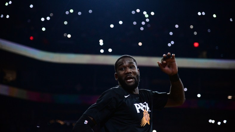 Dec 23, 2021; Phoenix, Arizona, USA; Phoenix Suns center Deandre Ayton (22) is introduced before the game against the Oklahoma City Thunder at Footprint Center. Mandatory Credit: Joe Camporeale-USA TODAY Sports