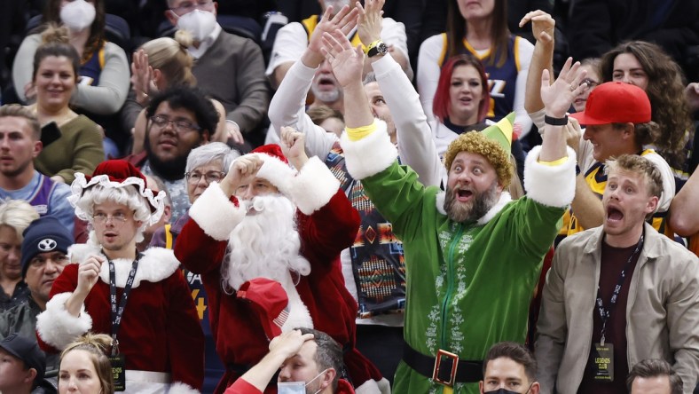 Dec 23, 2021; Salt Lake City, Utah, USA; Utah Jazz fans show their Christmas spirit against the Minnesota Timberwolves at Vivint Arena. Mandatory Credit: Jeffrey Swinger-USA TODAY Sports