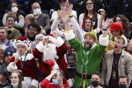 Dec 23, 2021; Salt Lake City, Utah, USA; Utah Jazz fans show their Christmas spirit against the Minnesota Timberwolves at Vivint Arena. Mandatory Credit: Jeffrey Swinger-USA TODAY Sports