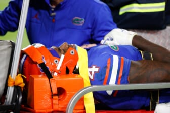 Dec 23, 2021; Tampa, FL, USA;  Florida Gators wide receiver Justin Shorter (4) is carted off the field in the second half against the UCF Knights at Raymond James Stadium. Mandatory Credit: Nathan Ray Seebeck-USA TODAY Sports