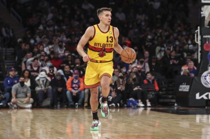 Dec 25, 2021; New York, New York, USA;  Atlanta Hawks guard Bogdan Bogdanovic (13) brings the ball up court in the second quarter against the New York Knicks at Madison Square Garden. Mandatory Credit: Wendell Cruz-USA TODAY Sports